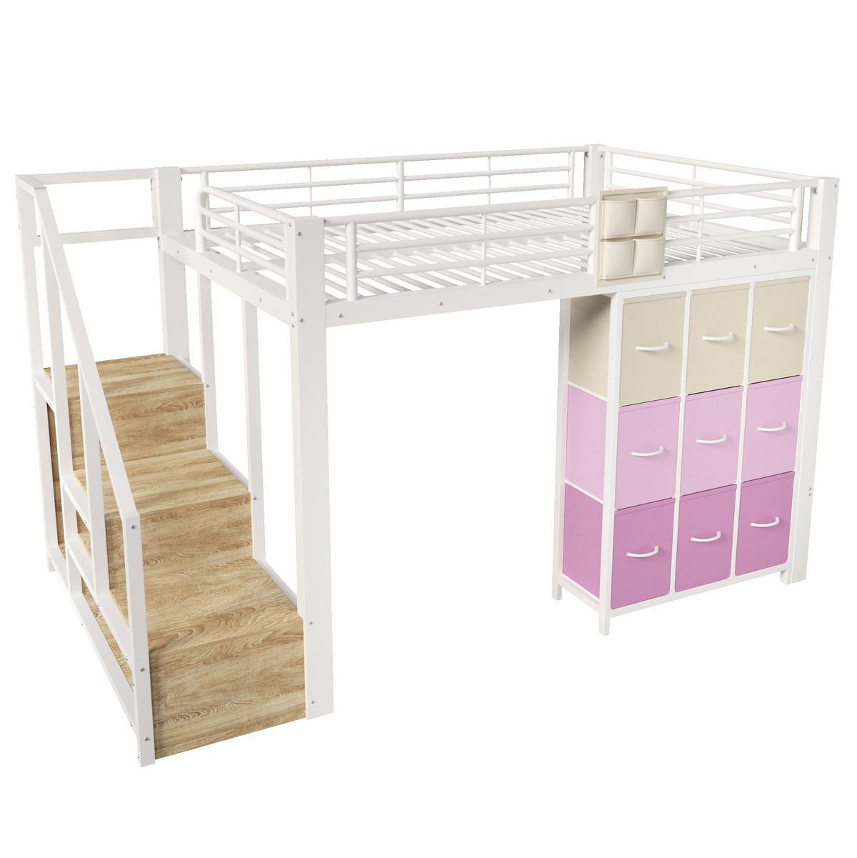 HOCHBETT 140/200 cm Weiß mit Schubladen und Treppe mit Stauraum - Weiß, Metall (140/200cm) - MIVRAY