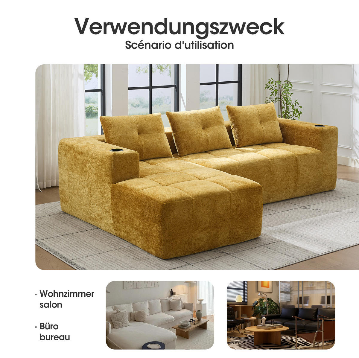 ECKSOFA 258 cm Gelb aus Chenille mit Becherhaltern - Gelb, Textil (163/258cm) - OKMYHOME