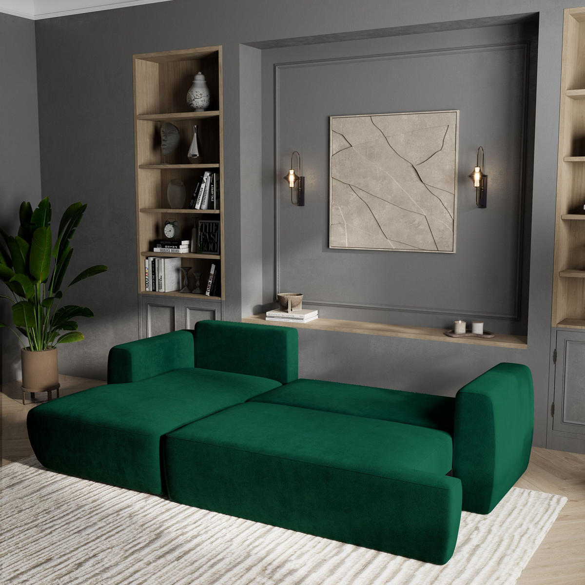 ECKSOFA SENTI K L-S Grün Plüsch-Stoff mit Schlaffunktion - Grün, Holz (246/148cm) - MASSENO