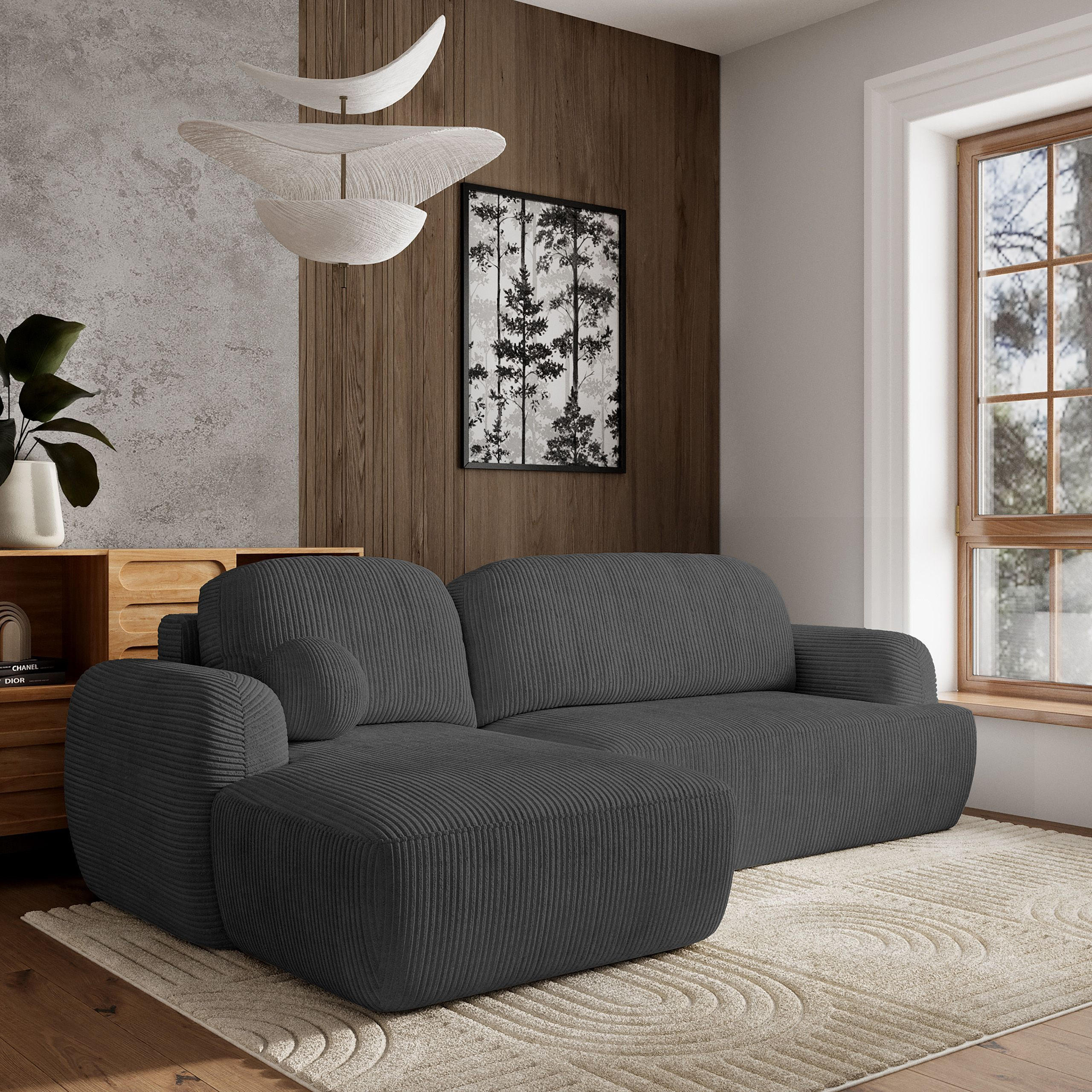 ECKSOFA MODENZA P L-S Graphitfarben Kordstoff mit Schlaffunktion - Graphitfarben, Holz (266/148cm) - MASSENO