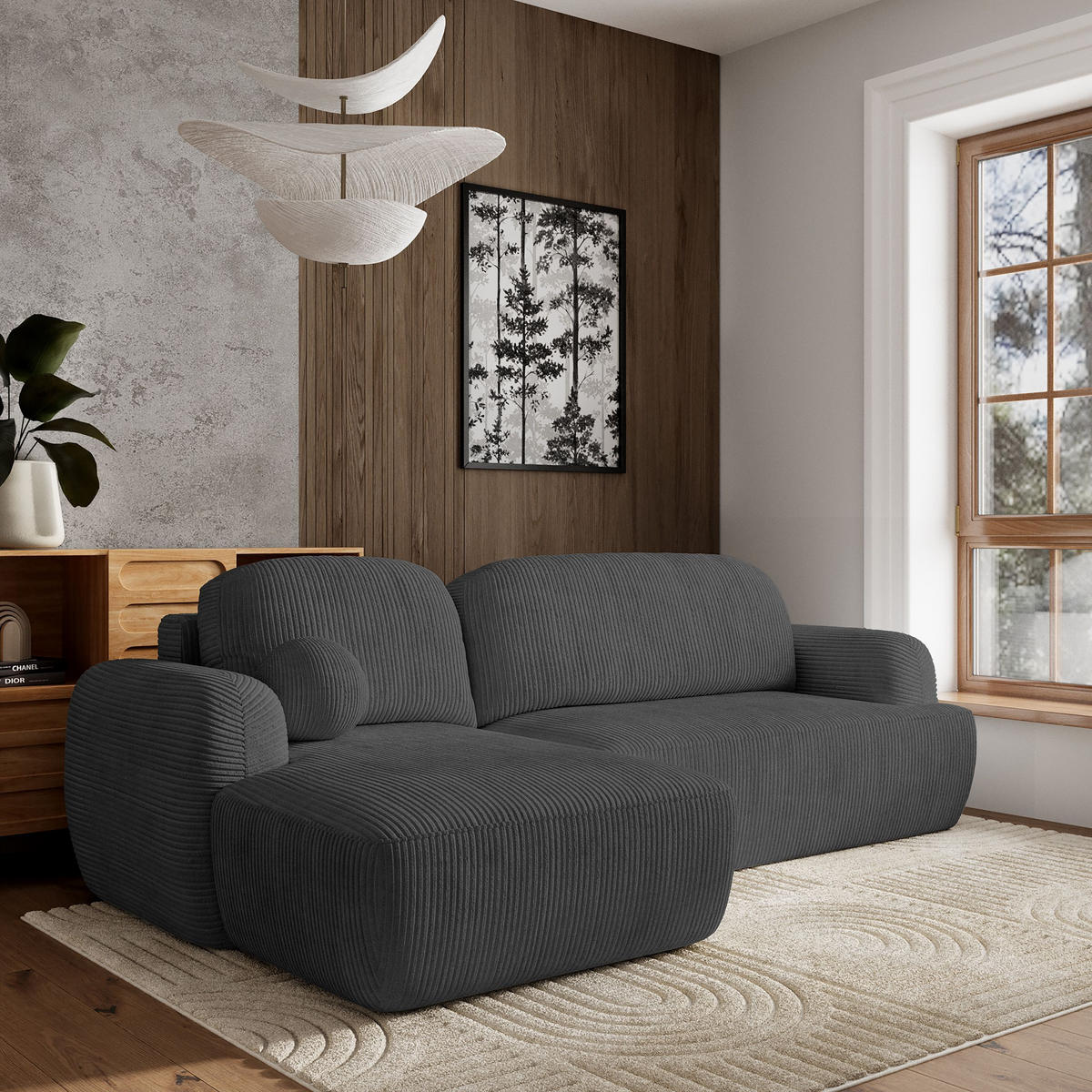 ECKSOFA MODENZA P L-S Graphitfarben Kordstoff mit Schlaffunktion - Graphitfarben, Holz (266/148cm) - MASSENO