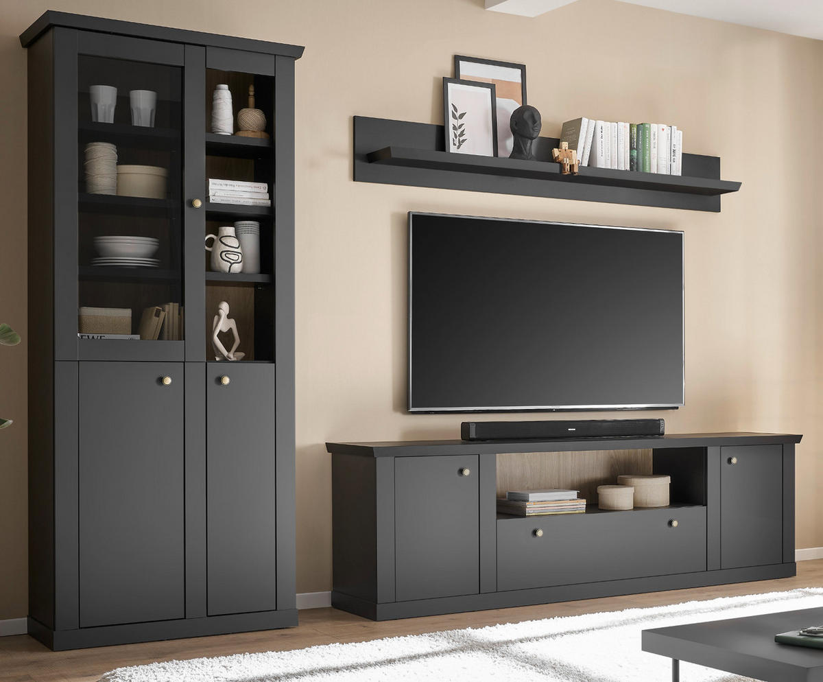 WOHNWAND schwarz matt, Eiche 3-teilig 301 cm, Wohnkombination mit Soft-Close - Eichefarben/Messingfarben, Glas/Holzwerkstoff (301/200/42cm) - Furn.Design