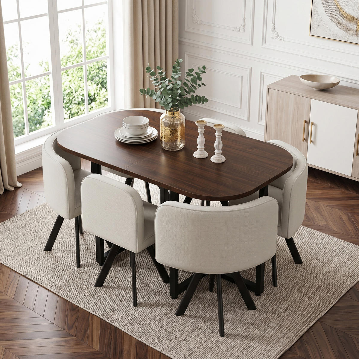 ESSTISCH SET 6 Personen 140x90cm Walnuss Beige Leinen - Beige/Walnussfarben, Holzwerkstoff (140/73/90cm) - FLIEKS