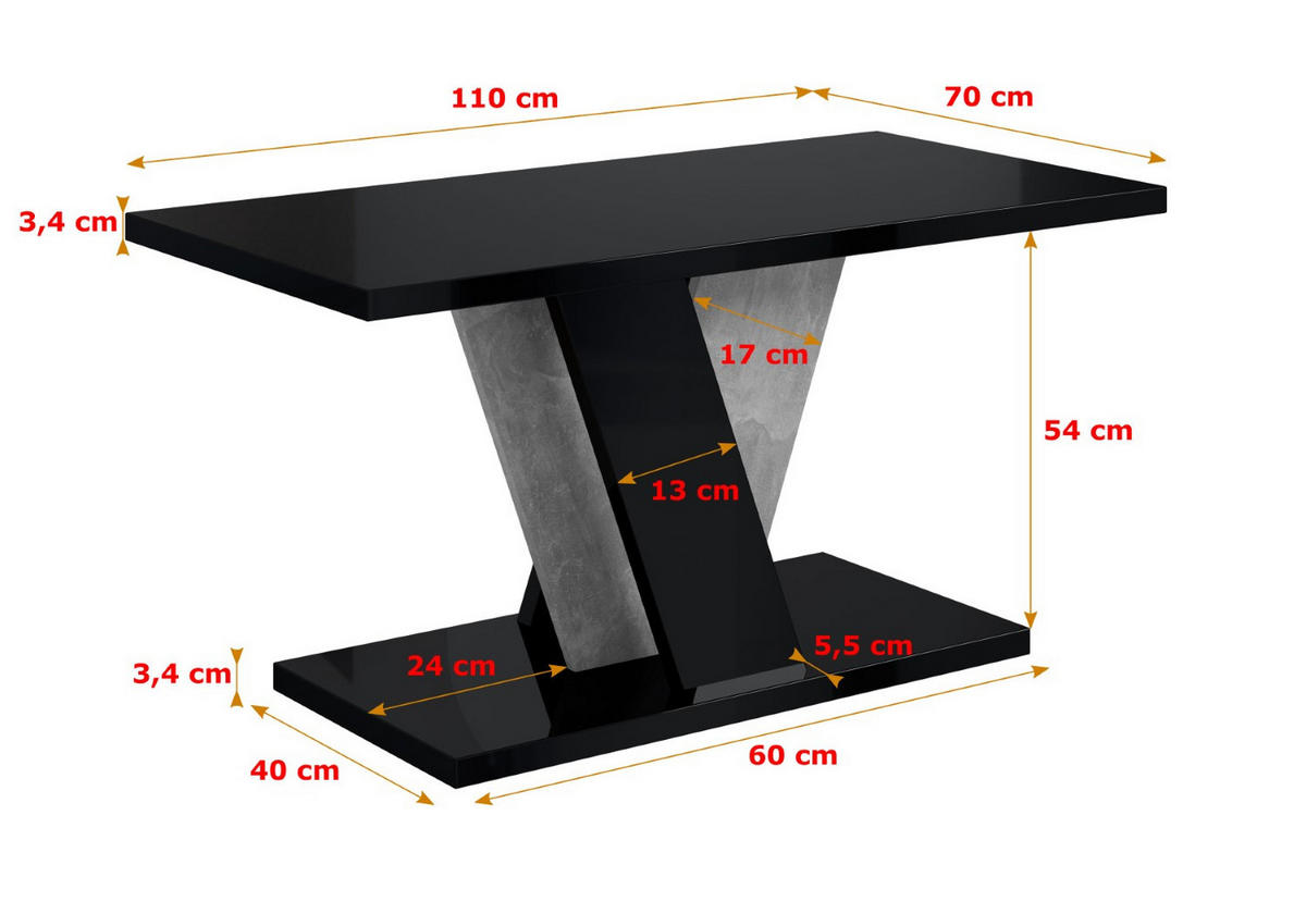 KAFFEETISCH 110x70x60 cm - Hochglanz Schwarz / Betonoptik - INEY - Schwarz Hochglanz, Holzwerkstoff (110/70/60cm) - ALTDECOR