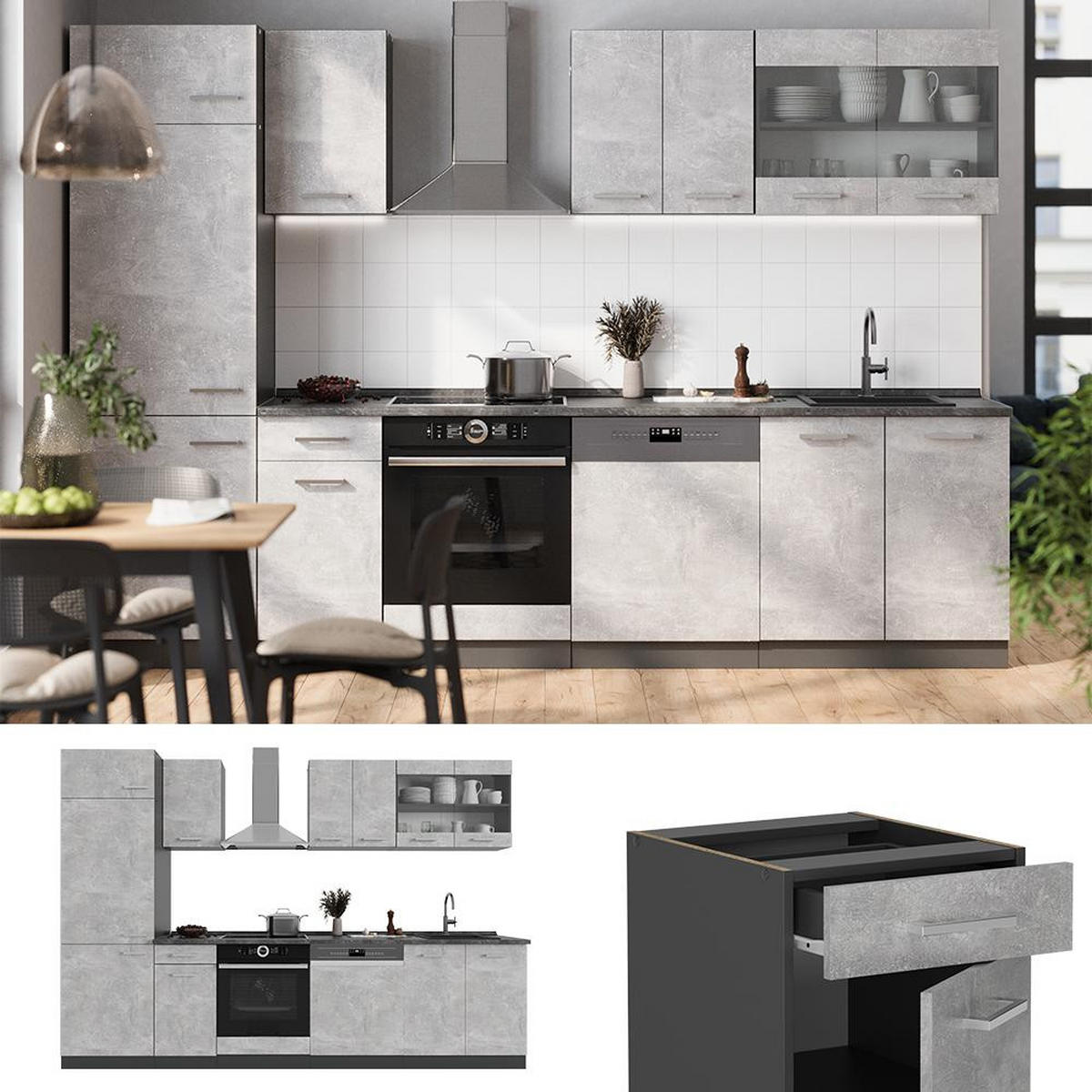 KÜCHENZEILE R-Line Beton/Anthrazit 300 cm , AP Marmor - Anthrazit/Grau, Holzwerkstoff (300/206.8/60cm) - Vicco