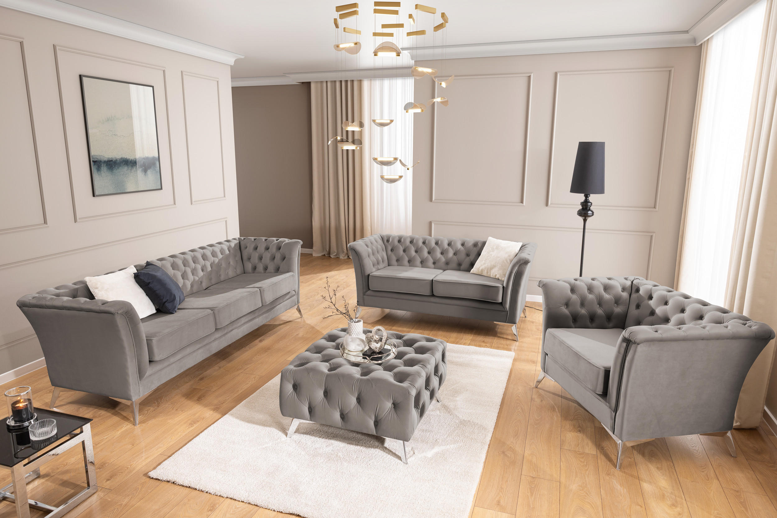 SITZGARNITUR 3+1 Chesterfield Whitby Grau Samt mit silbernen Füßen - Silberfarben/Grau, Holz/Textil (237/78/82cm) - S-Style Möbel