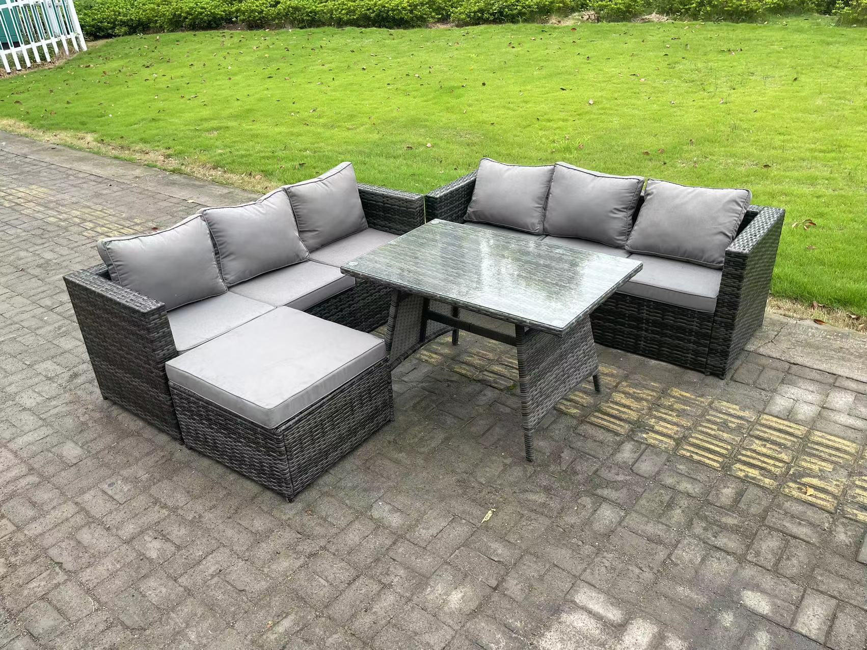 GARTENMÖBELSET mit Esstisch Hocker 7-Sitzer Grau - Dunkelgrau/Grau, Glas/Kunststoff - Fimous