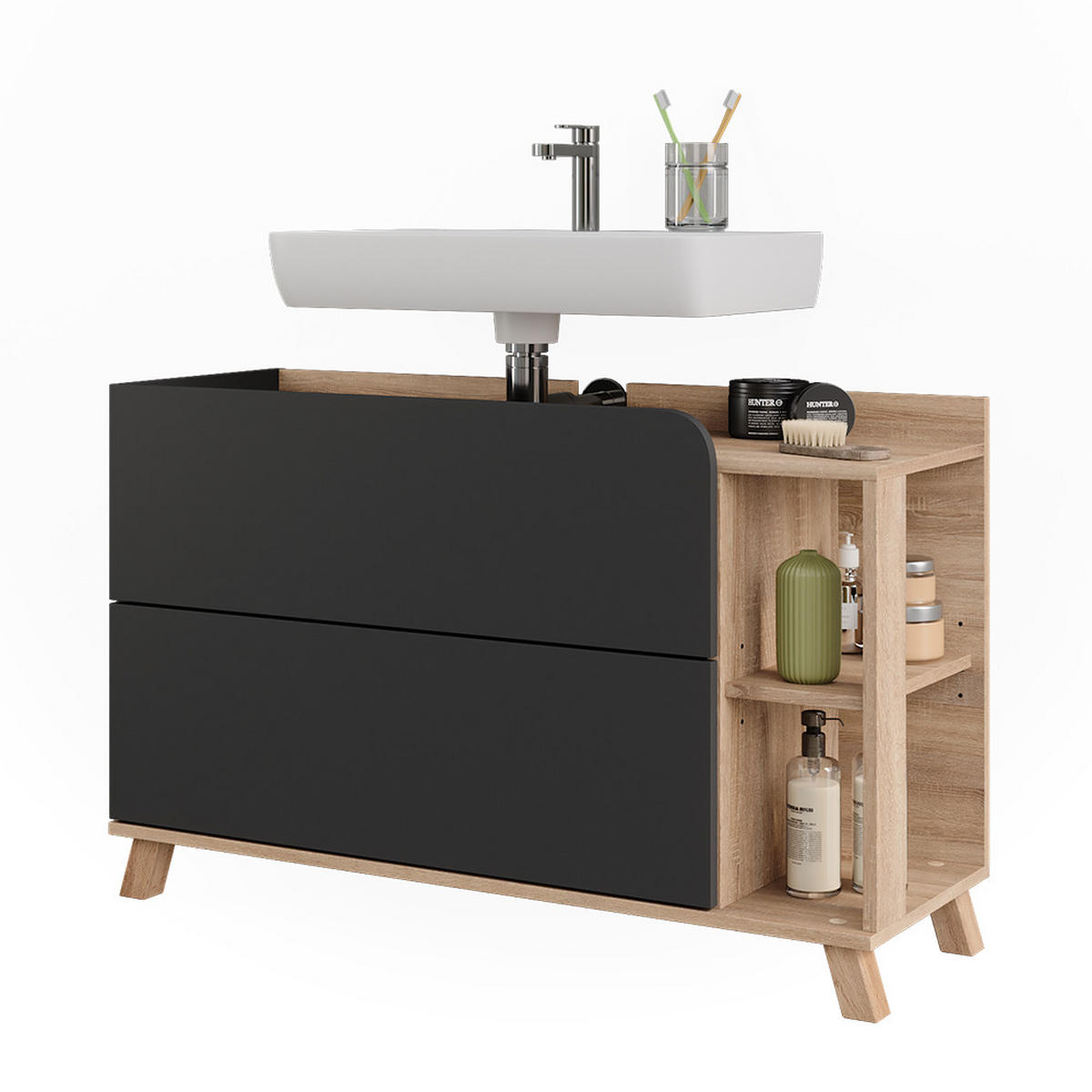 WASCHBECKENUNTERSCHRANK Karen Sonoma/Anthrazit 100 x 65 cm mit 2 Schubladen - Anthrazit, Holzwerkstoff (100/65/35cm) - Vicco