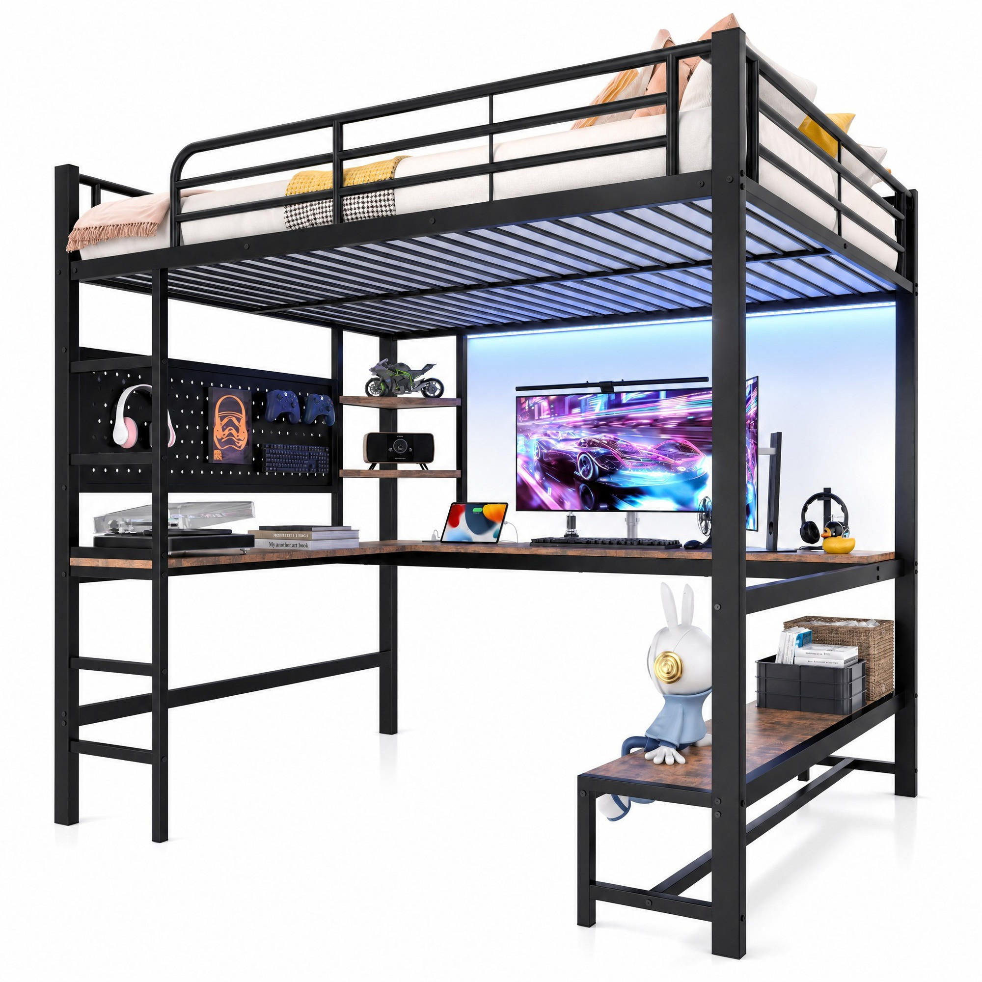 HOCHBETT 140/200 mit LED USB Type-C und Schreibtisch in Schwarz - Schwarz, Holz/Holzwerkstoff (140/200cm) - EVRYAE
