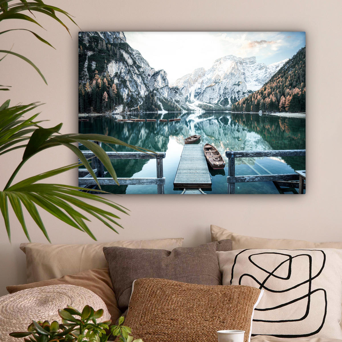 LEINWANDBILD Natur - Berge - Schnee - Wald - Boot Wandbilder 80x60 cm - Hellgrün, Textil (80/60cm) - MuchoWow