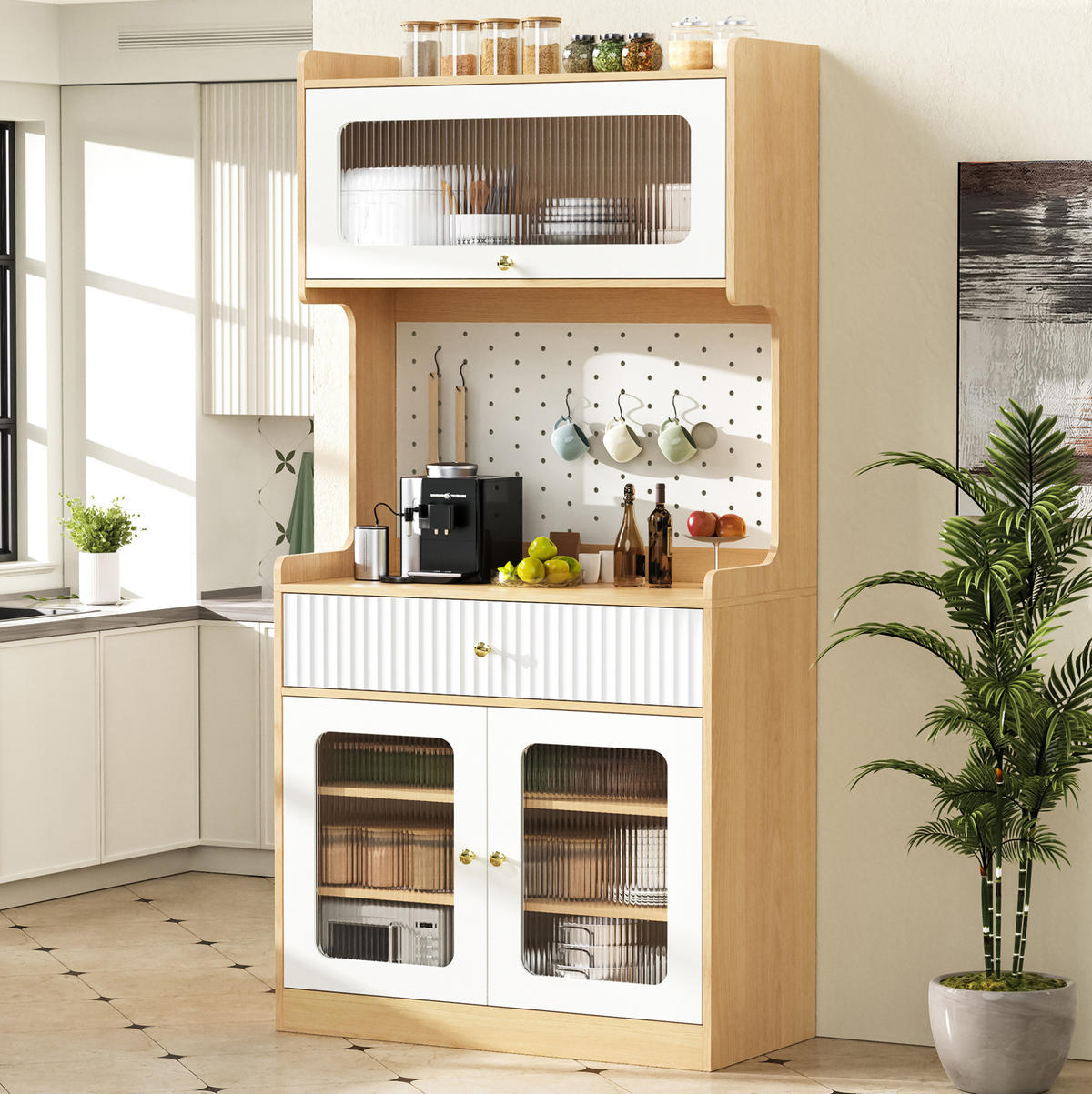 KÜCHENSCHRANK mit LED und Riffelglas 80 x 40 x 180 cm Natur/Weiß - Braun, Holzwerkstoff (40/180/80cm) - Meubliv