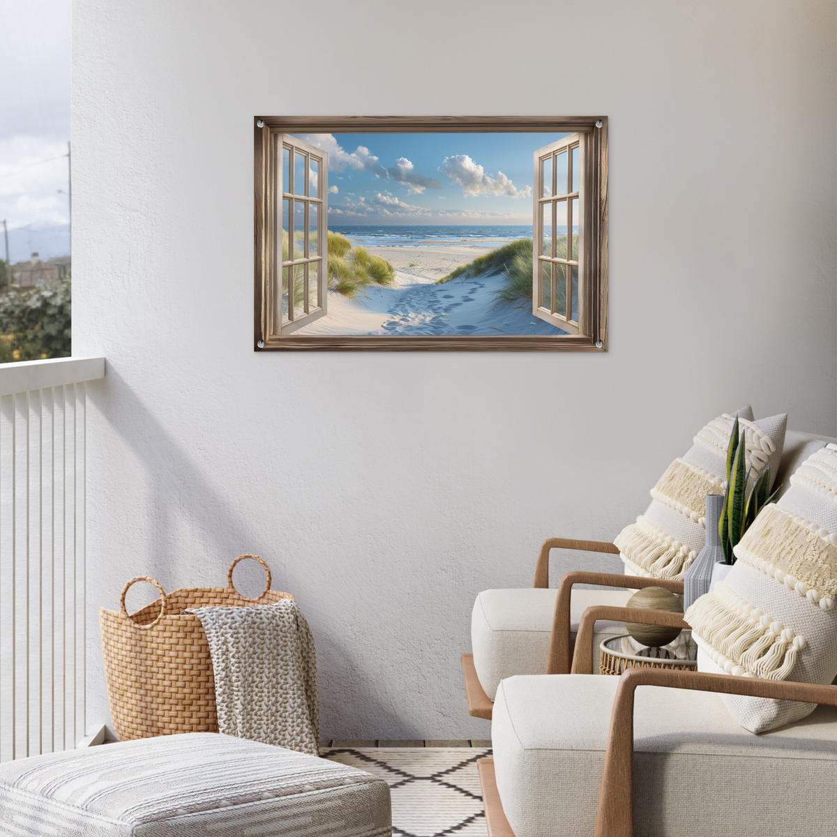 ZAHRADNÍ PLAKÁT Pohled - Pláž - Okno - Duny - Moře 90x60 cm - světle modrá, plast (90/60/0.2cm) - OnlyWow