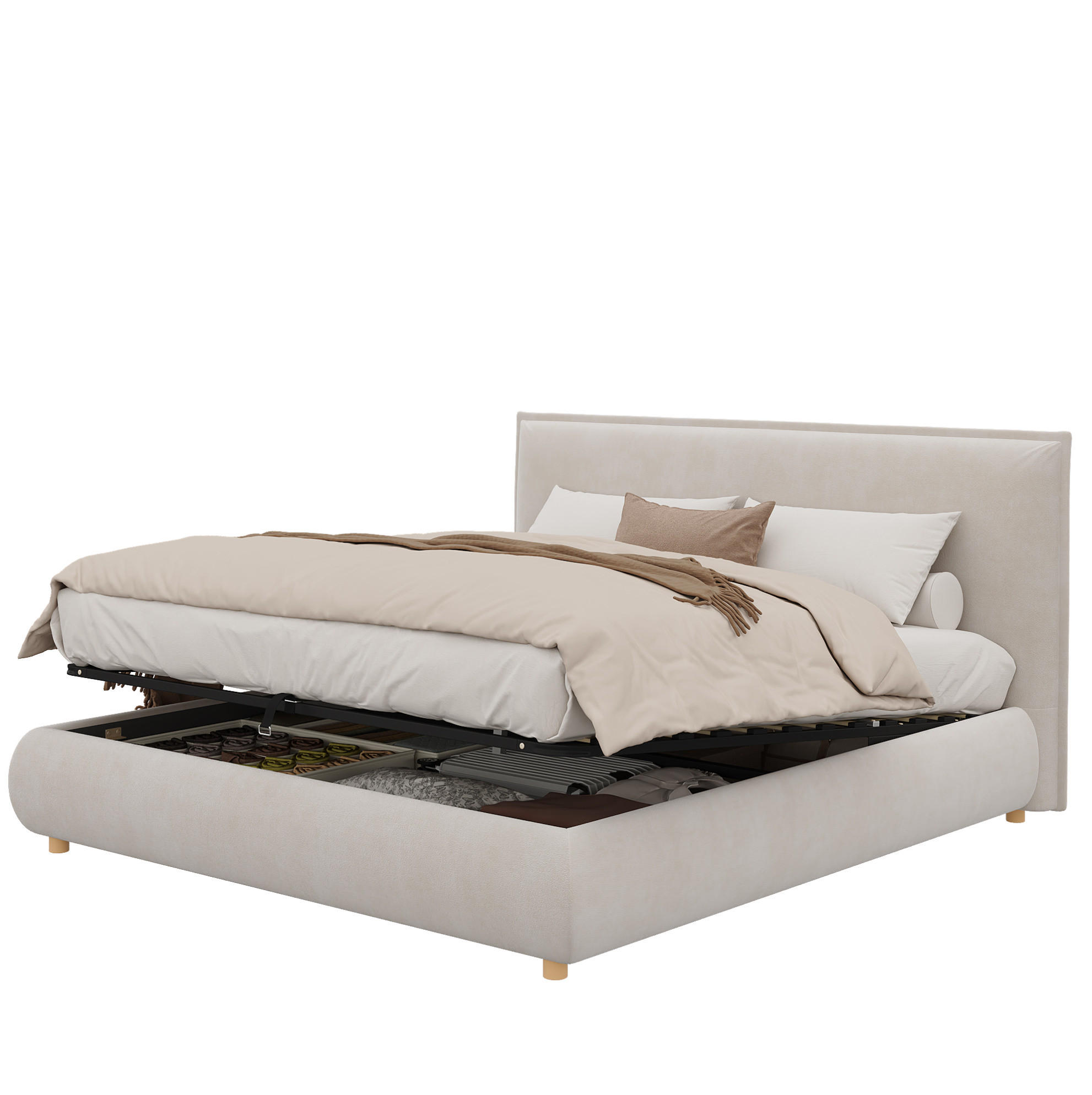 POLSTERBETT 180/200 cm mit hydraulischem Bettkasten, Lattenrost, Samt-Kopfteil und Massivholzbeinen, Creme - Creme, Holzwerkstoff (180/200cm) - Redom
