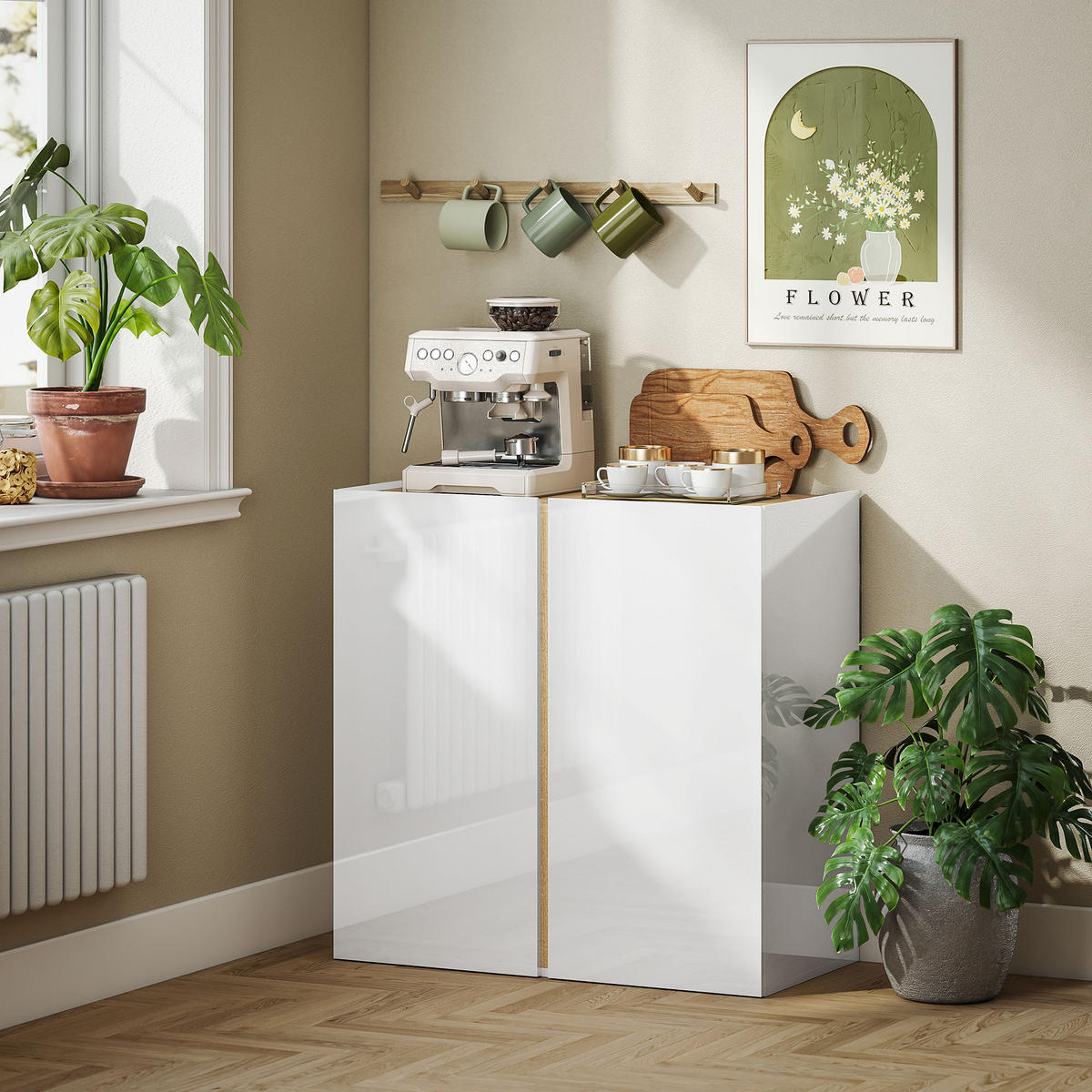SIDEBOARD Küchenschrank mit 2 Soft-Close-Türen, Verstellbarer Einlegeboden - Weiß Hochglanz/Weiß, Holzwerkstoff/Kunststoff (40/80/80cm) - HOMCOM