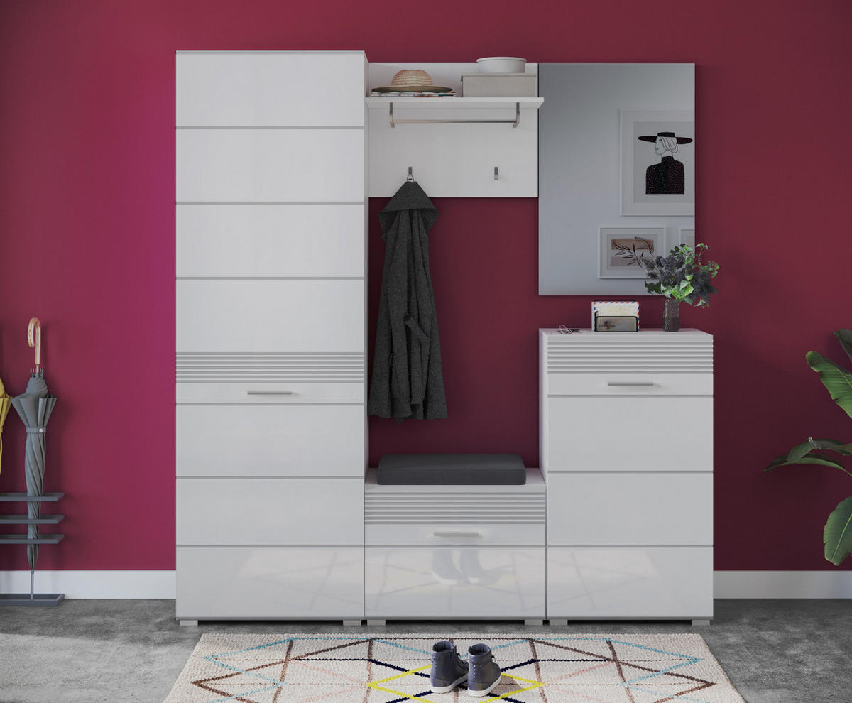 SCHUHSCHRANK weiß Hochglanz 55 cm, Garderobenschrank mit 6 Fächern - Weiß Hochglanz/Silberfarben, Holzwerkstoff/Kunststoff (55/190/37cm) - Inn.Furn