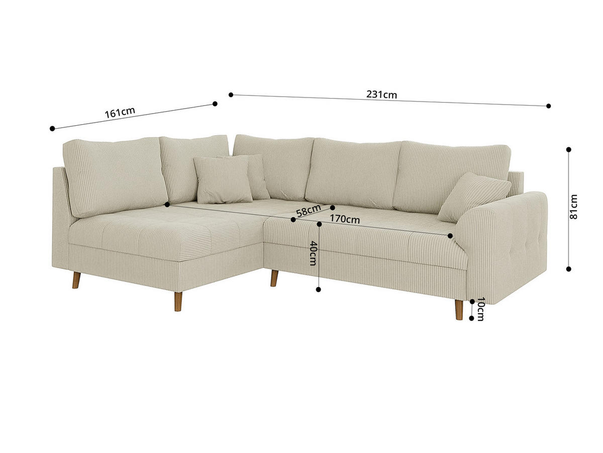 ECKSOFA Alma Beige Cord - Ottomane links - Beige/Braun, Holz/Textil (231/161cm) - S-Style Möbel