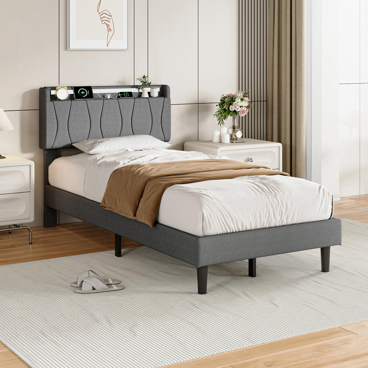 POLSTERBETT 90x200 cm mit LED & USB, Lattenrost, Grau - Grau, Metall (90/200cm)