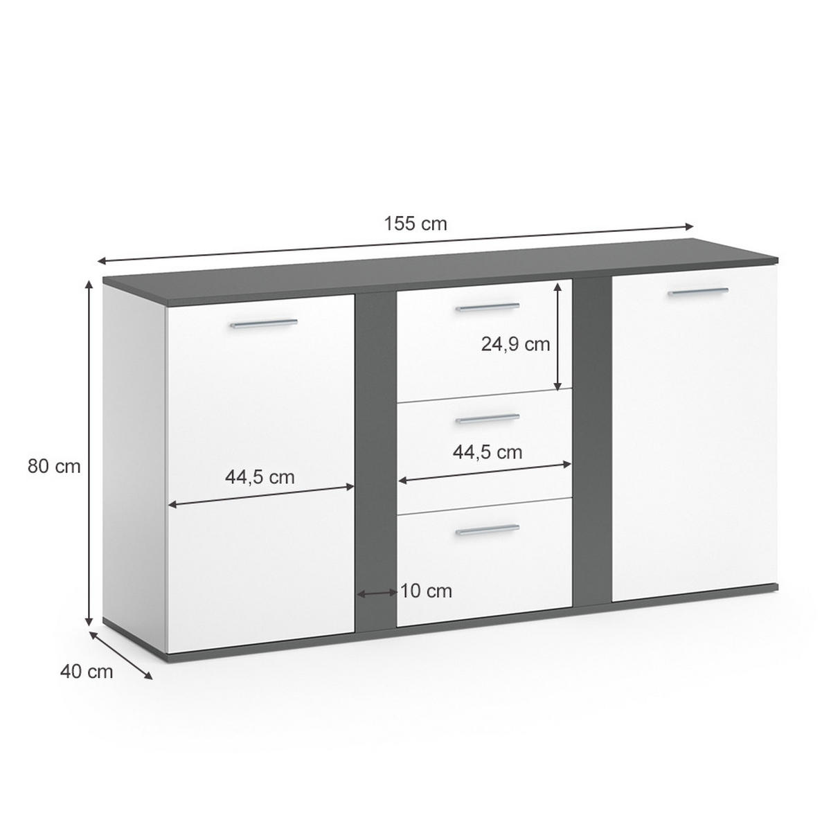 KOMMODE Novelli Anthrazit 155 x 80 cm mit Schubladen - Anthrazit, Holzwerkstoff (40/80/155cm) - Vicco