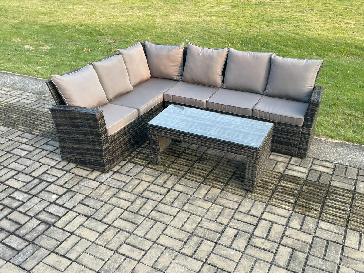 BALKONMÖBEL-SETS mit Ecksofa,Länglicher Couchtisch Polyrattan Dunkelgrau 6-Sitzer - Dunkelgrau/Grau, Glas/Kunststoff - Fimous