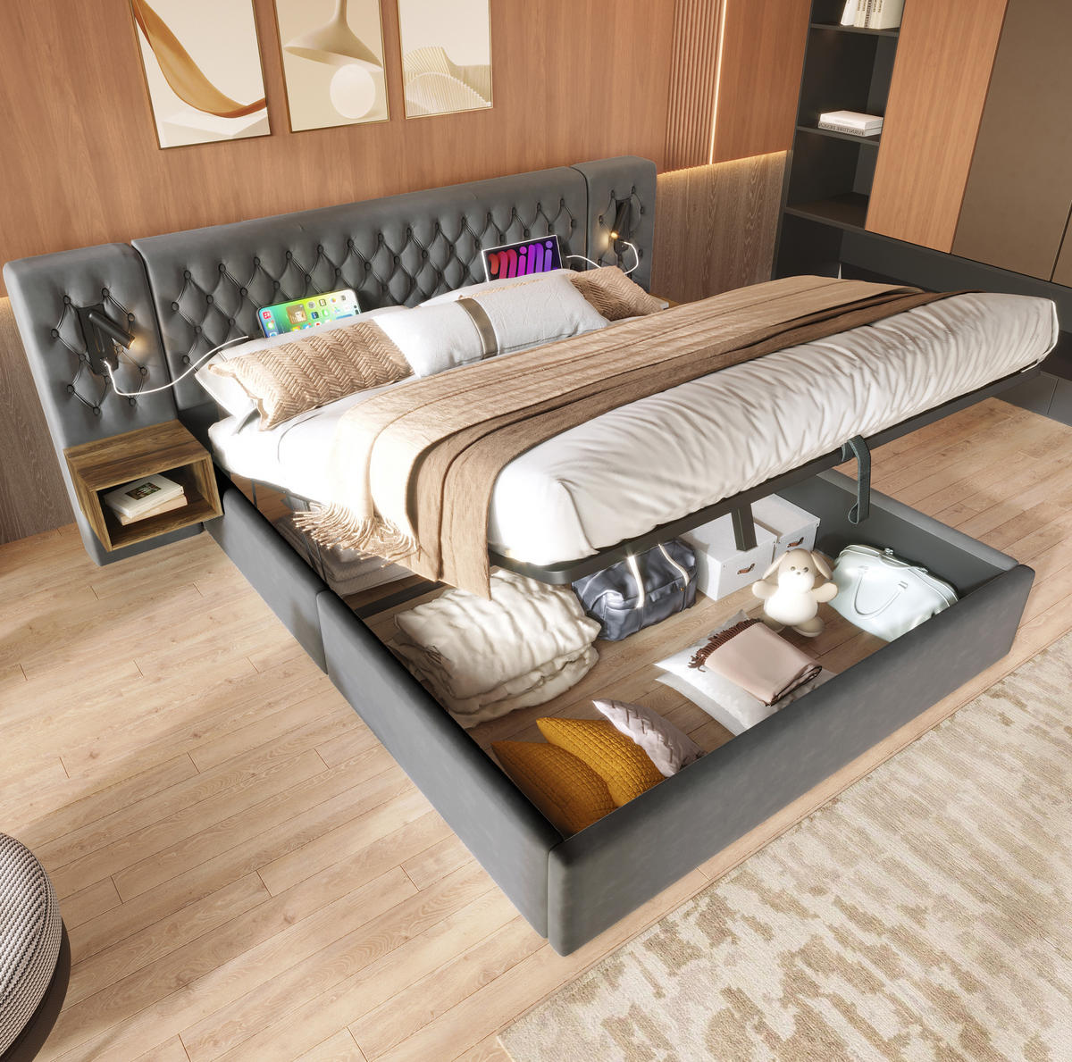 BETT mit Stauraum 160x200 cm Samt Grau mit 2 Nachttischen - Grau, Metall (160/200cm) - Meubliv