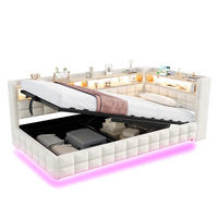 POLSTERBETT 90/200 cm Beige mit Hydraulik, LED, USB und Lattenrost ohne Matratze - Beige, Textil (90/200cm) - MIVRAY