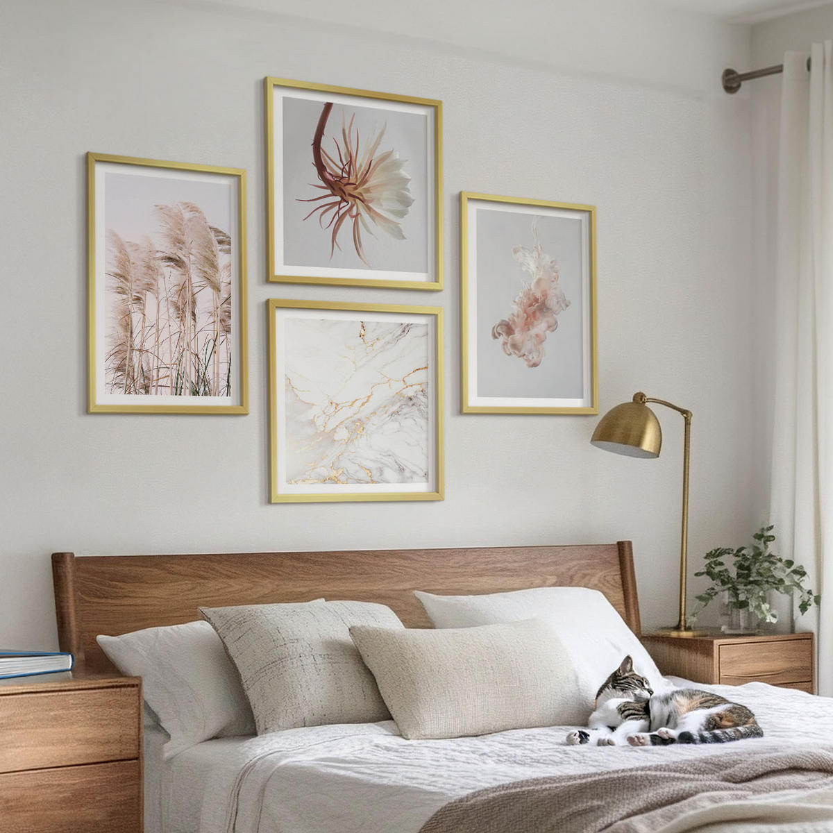 BILDER SET 4er Set - 50x50 cm & 40x60 cm Goldrahmen - Elegante Gräser, Blumen, Marmor - Goldfarben, Kunststoff (50/50cm) - TULUP