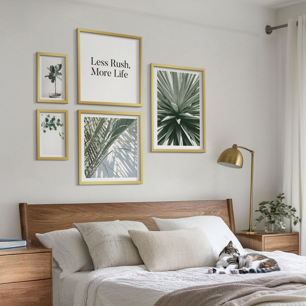 WANDBILDER 5er Set - 50x50 cm & 20x30 cm & 40x60 cm Goldrahmen - Minimalismus mit grünen Pflanzen - Goldfarben, Kunststoff (40/60cm) - ArtPrintCave