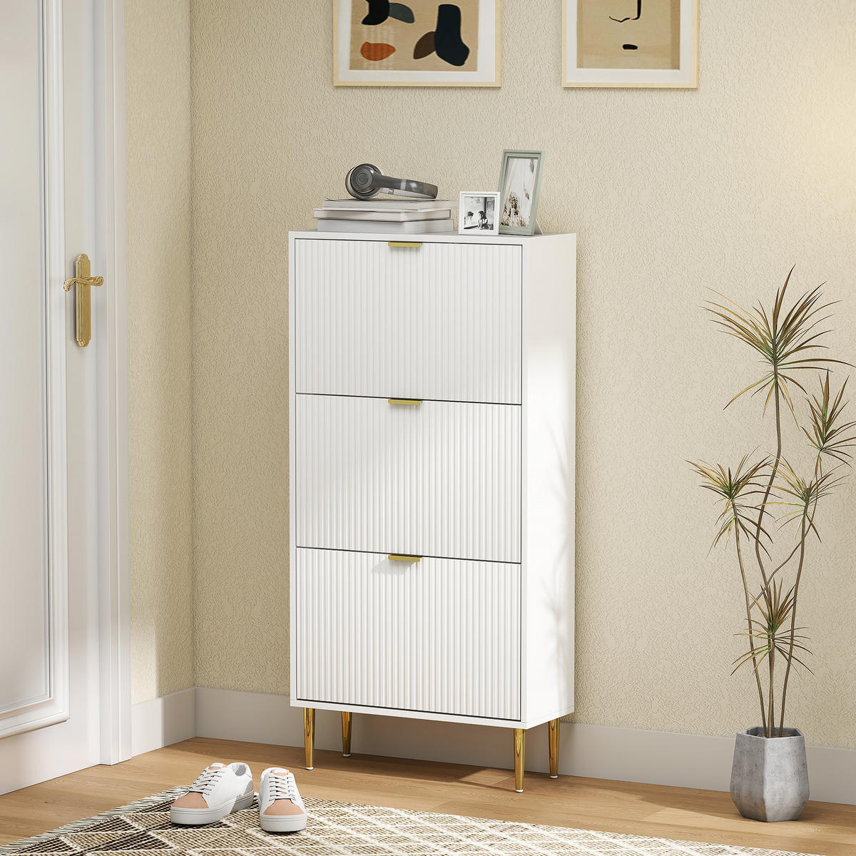 SCHUHSCHRANK DE-15040 3 Klapptüren mit Rillenfront & verstellbaren Böden Weiß - Weiß, Holzwerkstoff (60/128/24cm) - ComfortXL