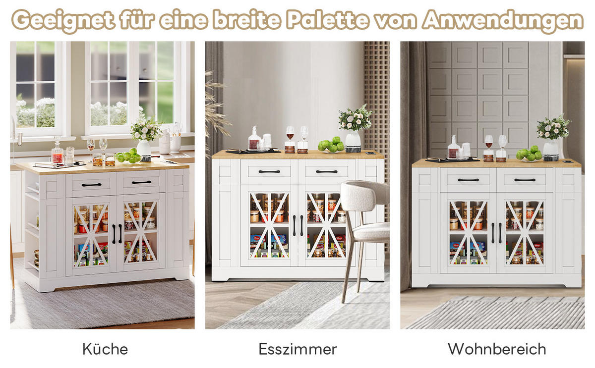KÜCHENINSEL 120 cm klappbar mit USB, Glastür und Rollen - Weiß, Holzwerkstoff (120/92/65cm)