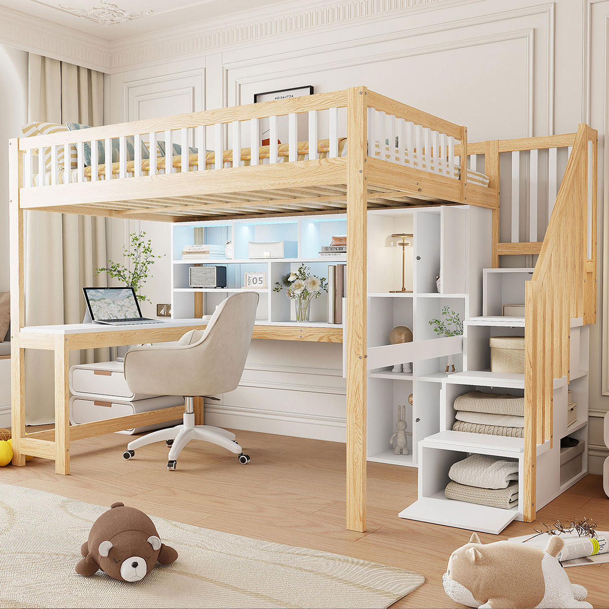 HOCHBETT 140x200cm Weiß + Natur LED-Licht Ablageleiter Schreibtisch - Multicolor, Holz (140/200cm) - FLIEKS