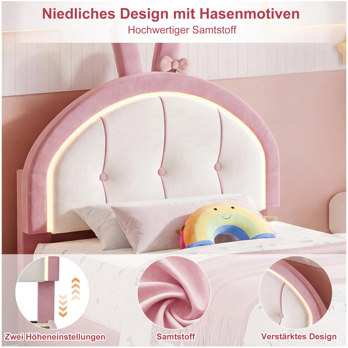 KINDERBETT 90x200 cm mit LED-Beleuchtung und Schubladen, Hasen-Kopfteil, höhenverstellbar, Samtstoff - Rosa, Holz/Metall (90/200cm) - GENKI LIVING