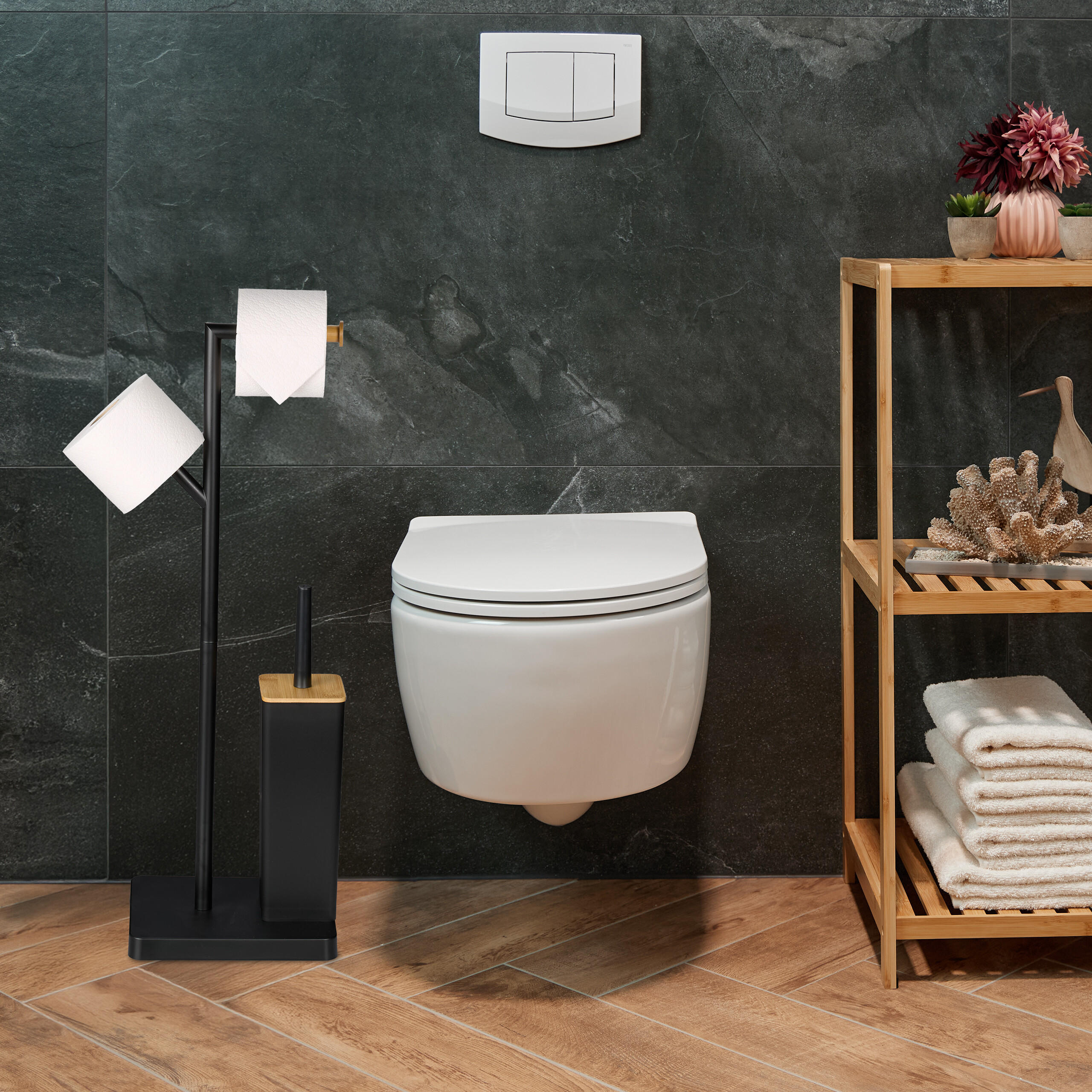 WC-GARNITUR - Schwarz, Holz/Kunststoff (23/71/18cm) - Relaxdays