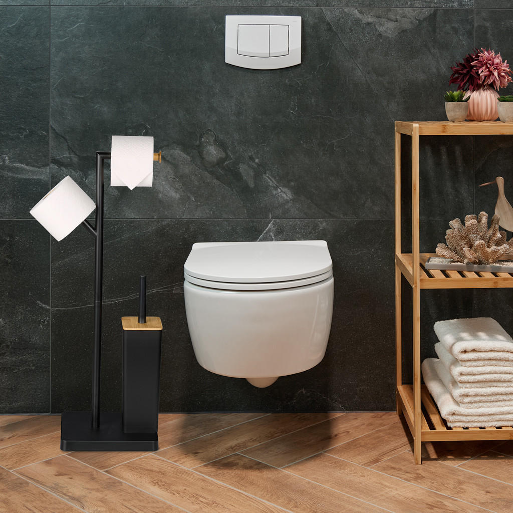Thumbnail - Relaxdays Wc-Garnitur, Schwarz, Metall, Holz, Kunststoff, Rechteckig, 23x71x18 cm, Badezimmer, WC Ausstattung, WC Bürste...