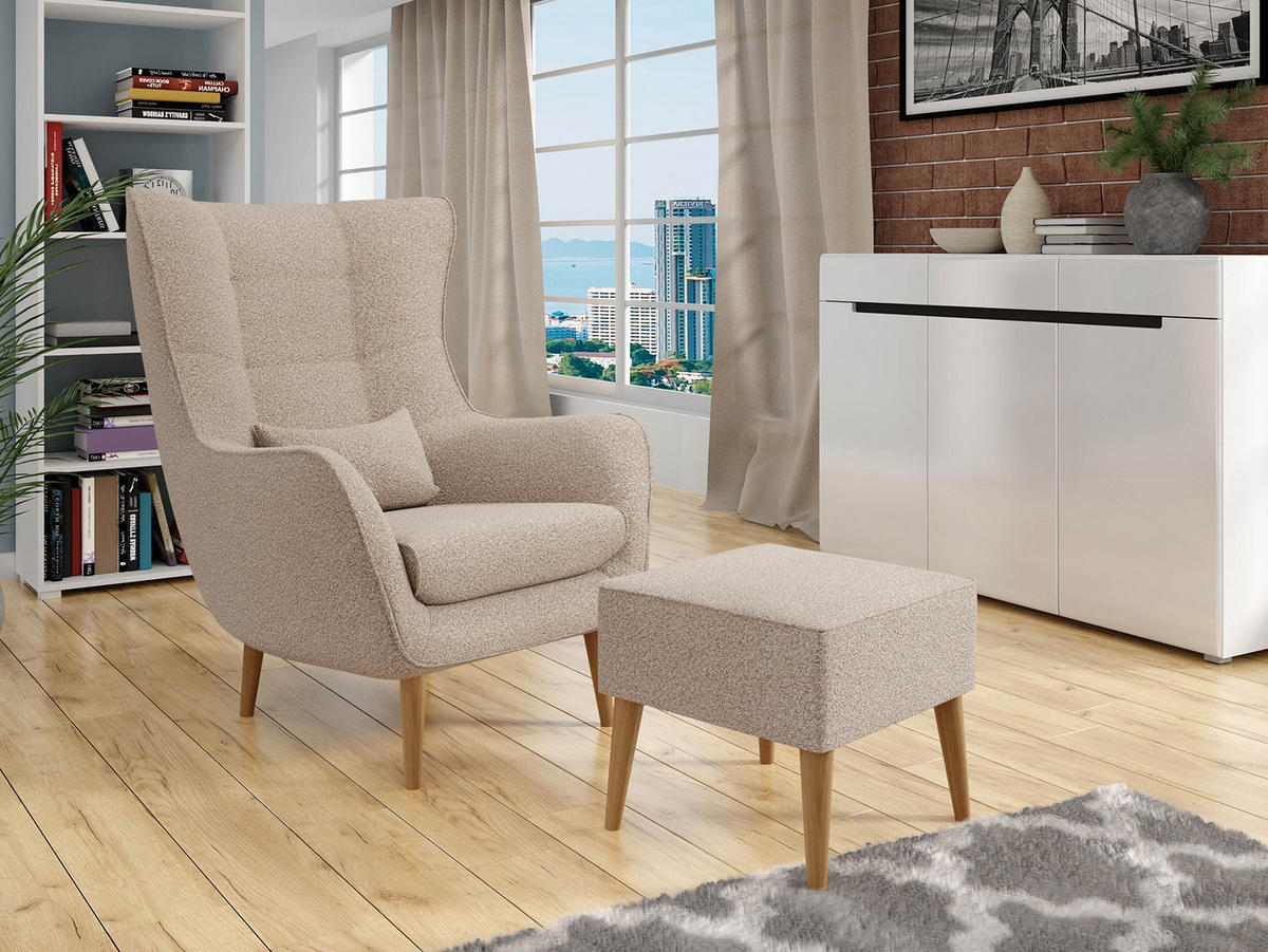 SESSEL Estjano Boucle mit Fußbank - Beige, Holz/Textil (80/106/95cm) - MIRJAN24