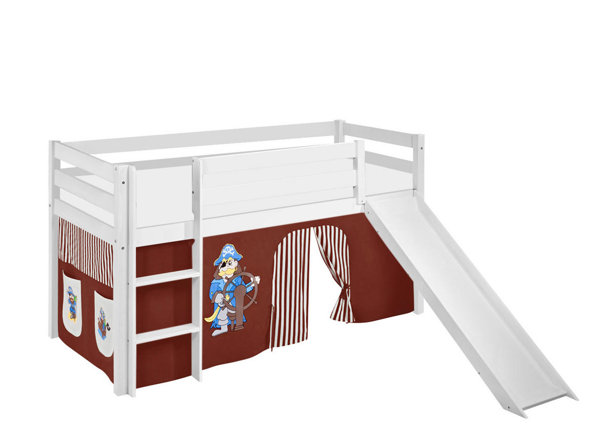 SPIELBETT JELLE Pirat Braun Beige - Hochbett - mit Rutsche und Vorhang - Weiß, Holz - Lilokids