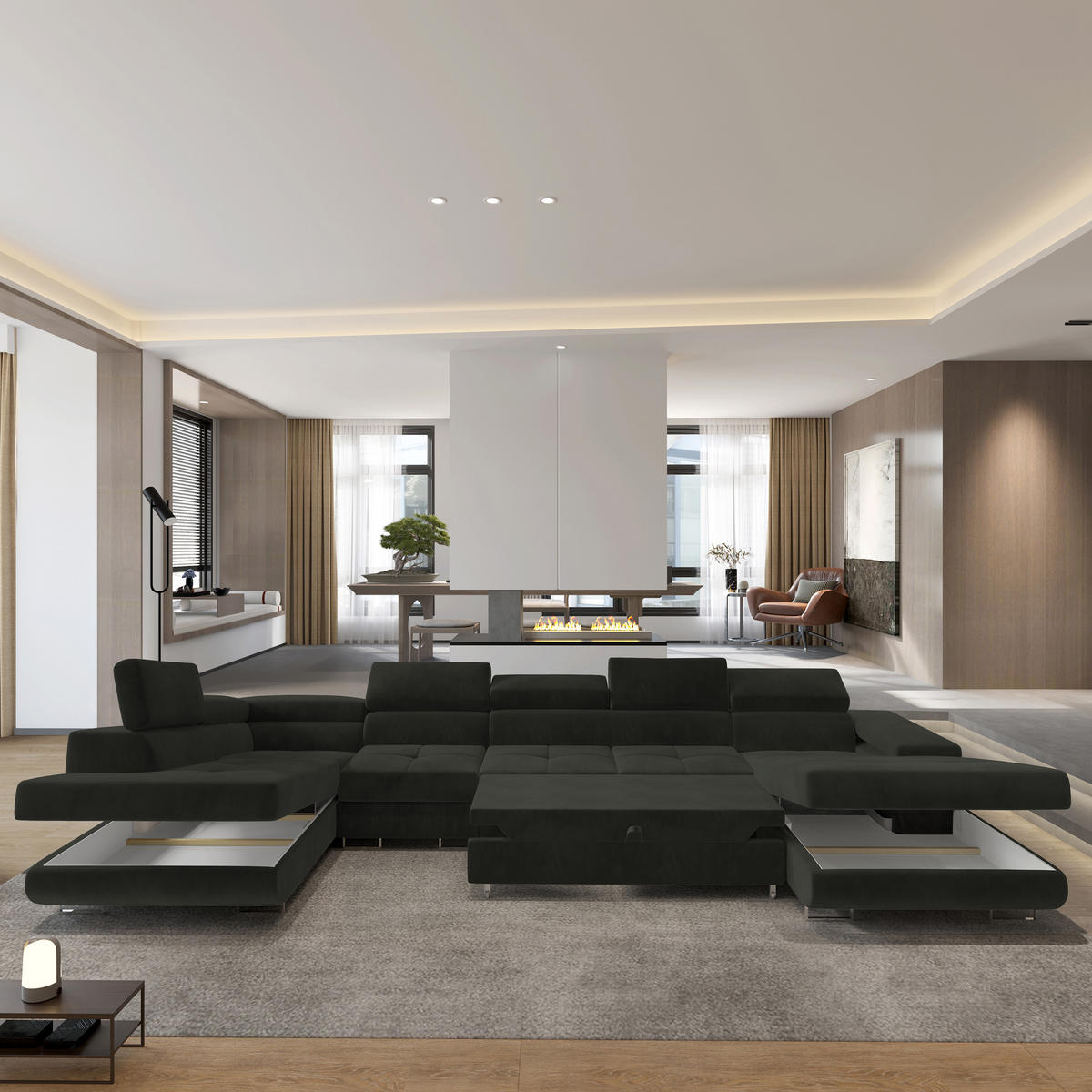 WOHNLANDSCHAFT VELORA L-S Schwarz Velours-Stoff mit Schlaffunktion - Schwarz, Holz (419/90/202cm) - MASSENO