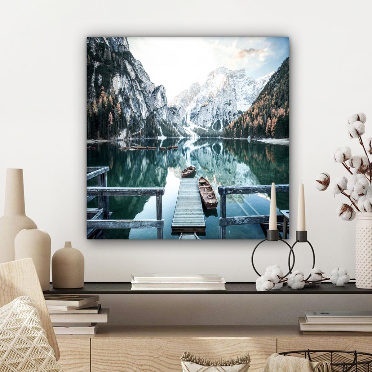 LEINWANDBILD Natur - Berge - Schnee - Wald - Boot 50x50 cm - Hellgrün, Textil (50/50cm) - MuchoWow