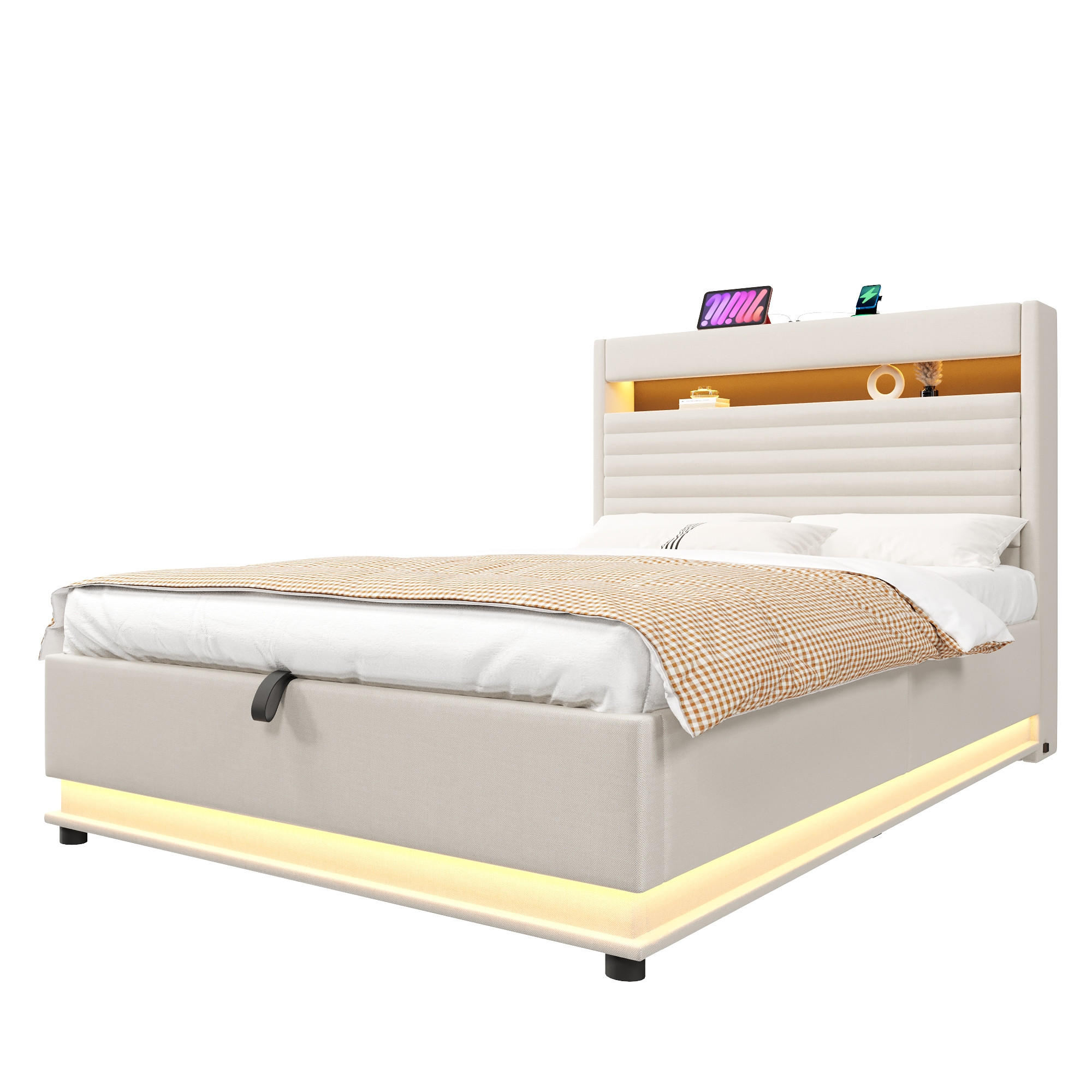 POLSTERBETT 90/200 cm in Beige mit Bettkasten, LED, USB und Type-C Leinen Design - Beige, Holzwerkstoff/Textil (90/200cm) - STILVORA