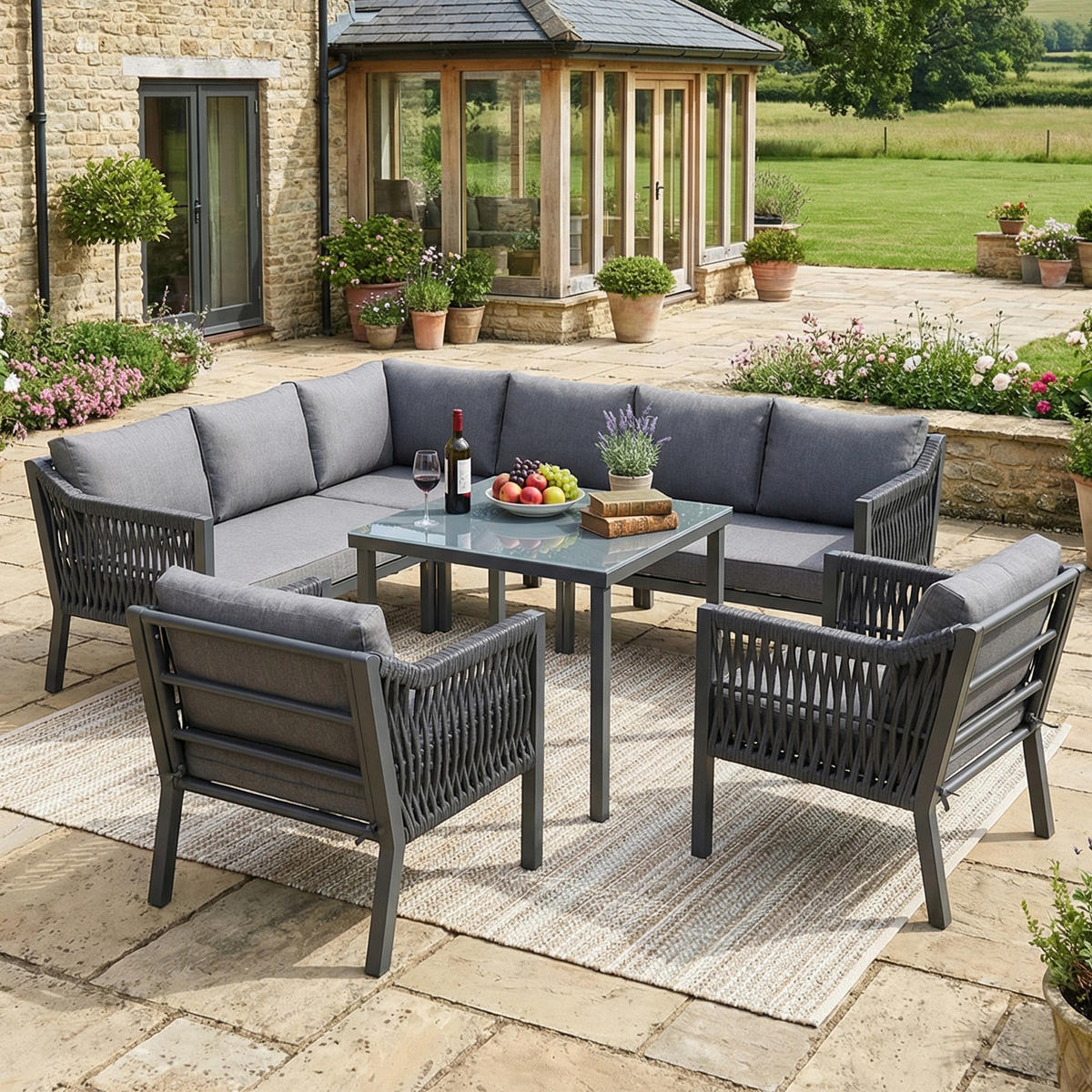 DINING-LOUNGESET L-Shaped 8-Person, inkl. 1 Esstisch & 2 Sesseln - Grau, Textil - Coonoor