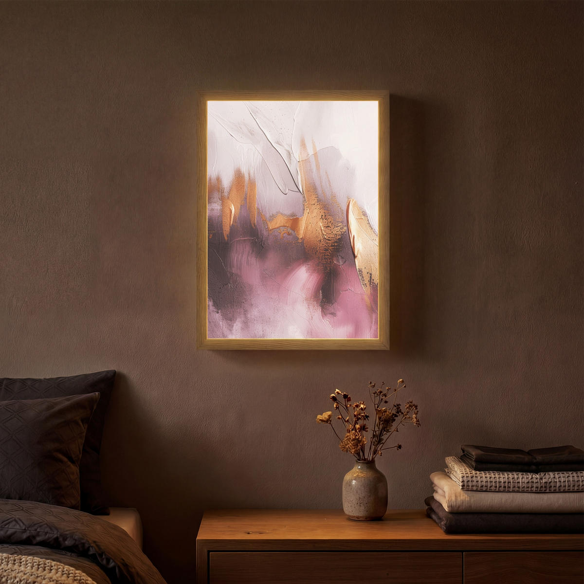 NÁSTĚNNÁ LAMPA S AKUMULÁTOREM Fialová - abstraktní - barva - zlatá 30x40 cm - světle fialová, kompozitní dřevo (30/40/8cm) - OnlyWow