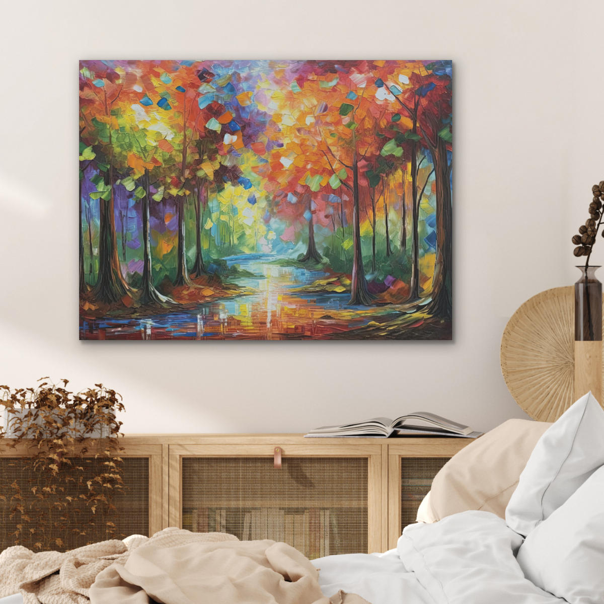 AKUSTIKBILD Landschaft - Wald - Farben - Natur Gemälde 80x60 cm - Multicolor, Textil (80/60/0.9cm) - MuchoWow