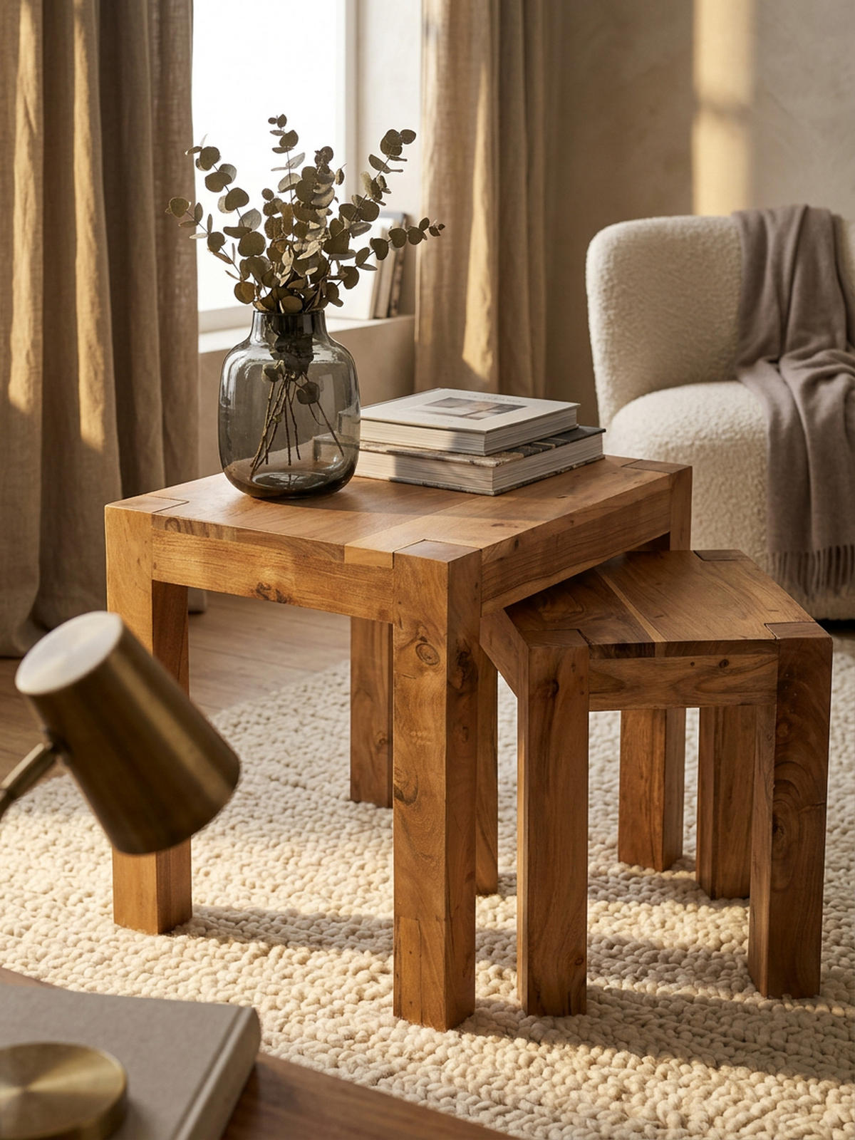 BEISTELLTISCH 3er Set Massivholz Platzsparend Landhausstil NAKO, Beige 50x36x45 cm - Beige, Holz (36/50/45cm) - KADIMA DESIGN