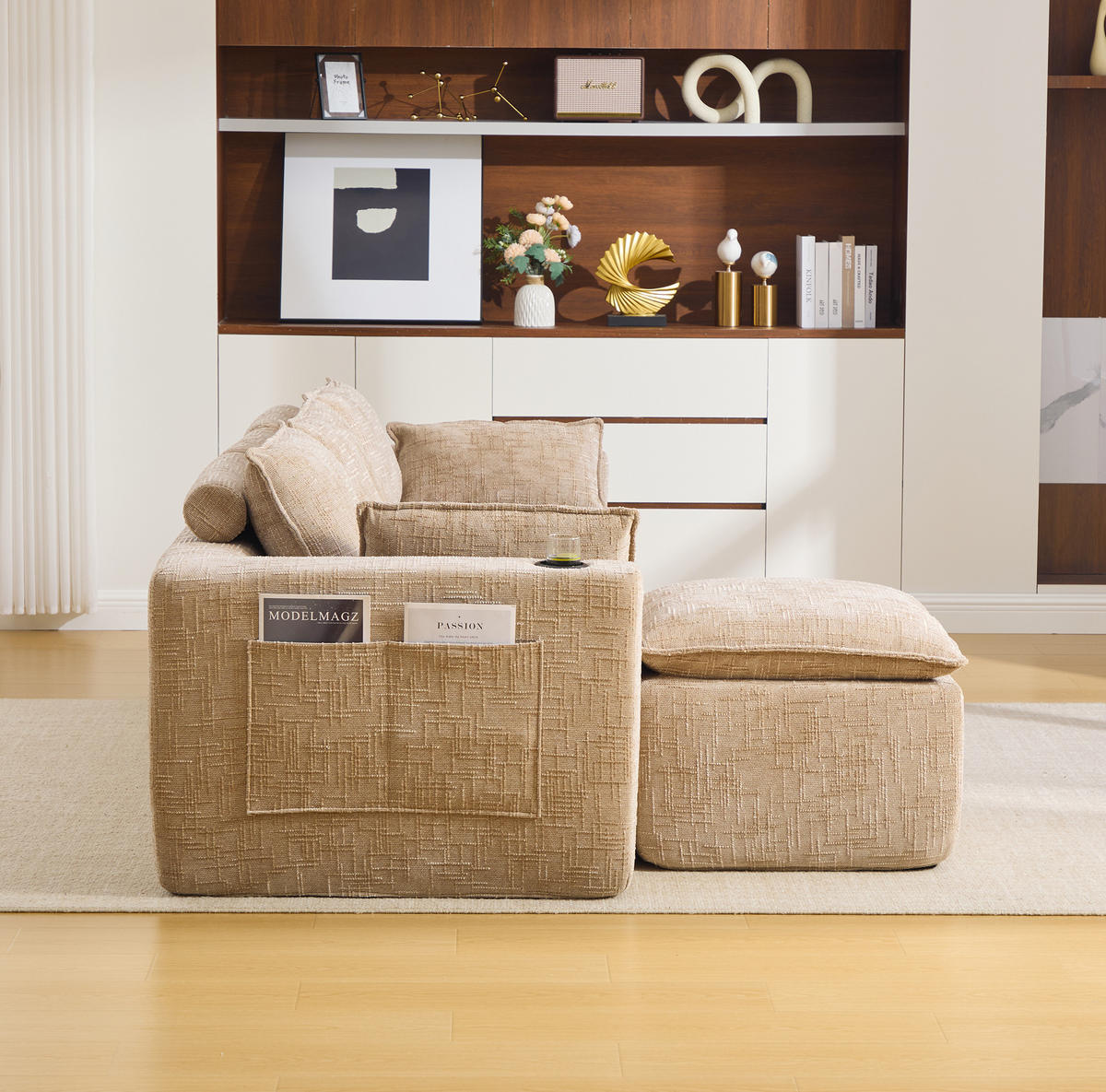 SOFA modular 3-Sitzer mit Fußhocker 256 x 161 cm Chenille Khaki - Braun, Holzwerkstoff (161/256cm) - Meubliv
