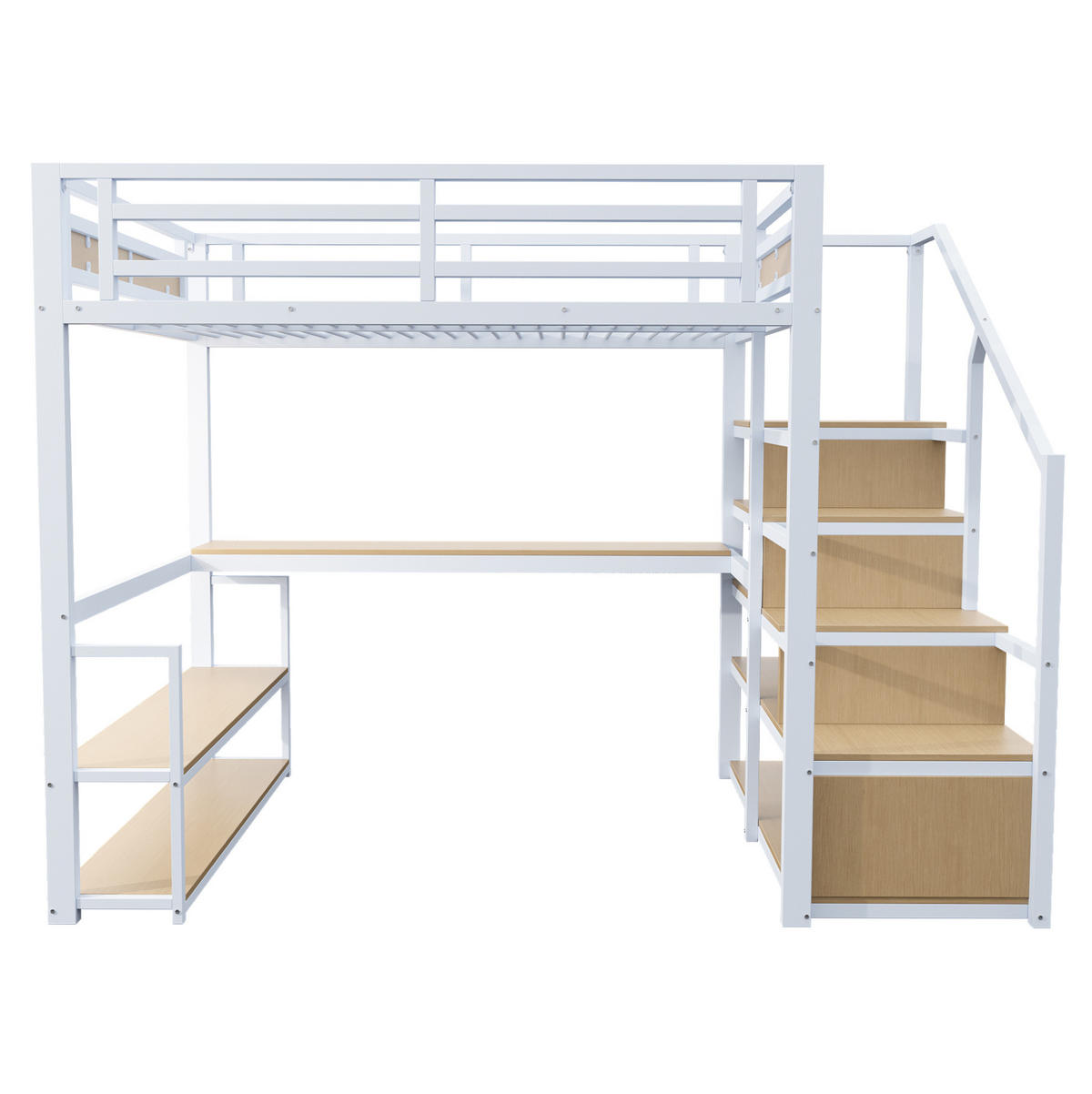 HOCHBETT 140/200 cm mit Stauraumtreppe, Regalen und Schreibtisch, Metall, Weiß - Weiß, Metall (140/200cm) - Redom