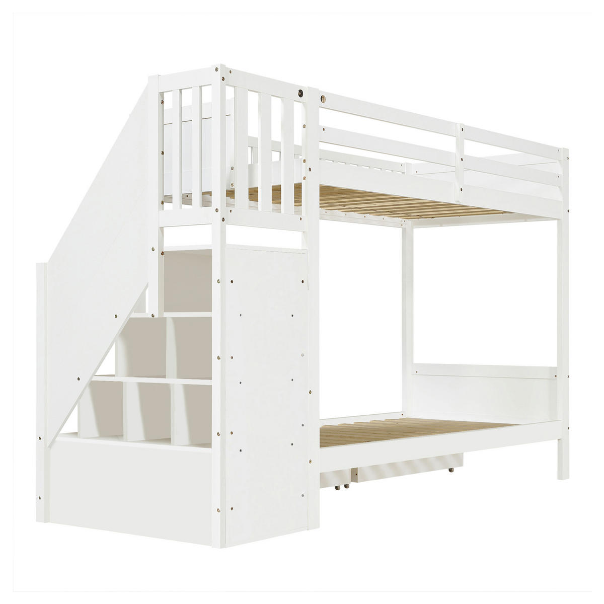 ETAGENBETT 90/200 cm mit Stauraumtreppe und Bettkästen, DE-41747, in Weiß - Weiß, Holzwerkstoff (90/200cm) - ComfortXL