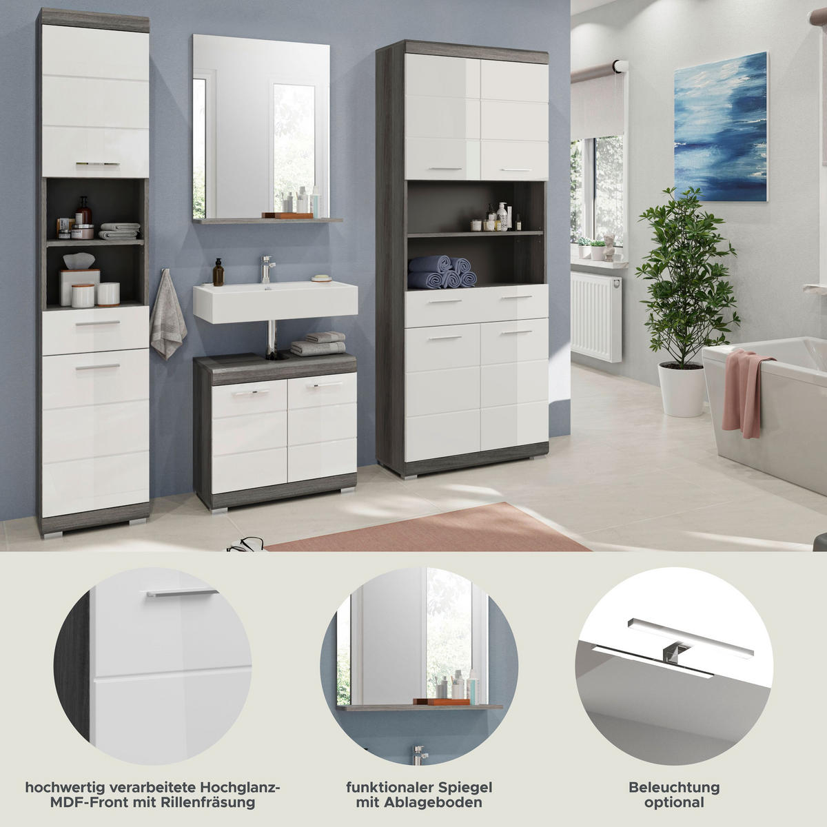 BADKOMBINATION 4tlg. Scout Bad in Rauchsilber Nachbildung und weiß hochglanz B/H/T: 186x191x34 cm - Anthrazit, Holz (186/191/34cm)