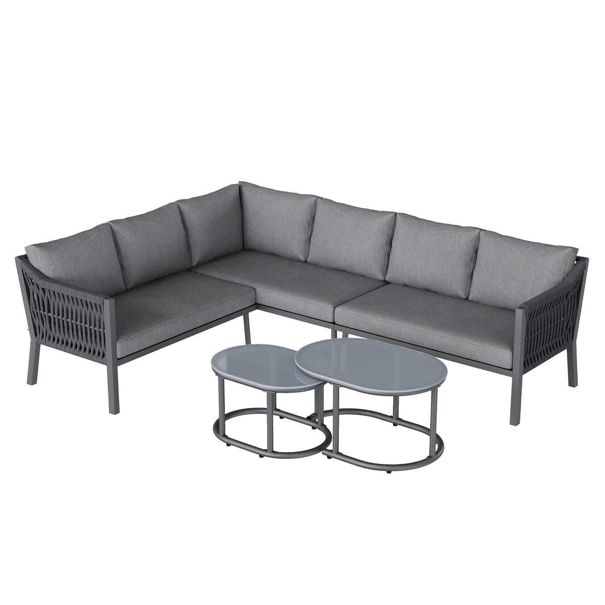LOUNGEGARNITUR 3-teiliges Gartenmöbel-Set Ecklounge für 6 Personen HANDGEFLOCHTENES SEIL Verzinktes Eisen Grau Terrasse 243,5/186/80 cm - Beige, Metall - Rolipo