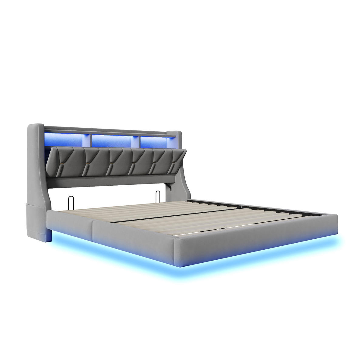 POLSTERBETT 180/200 cm DE-01666, in Grau, mit Klappkopfteil, Steckdose und LED-Beleuchtung - Grau, Holzwerkstoff (180/200cm) - ComfortXL