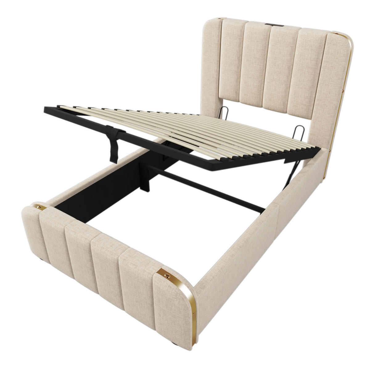 POLSTERBETT 90/200 cm mit Bettkasten (hydraulisch) & USB/Typ-C, Leinen in Beige - Beige, Textil (90/200cm) - Redom