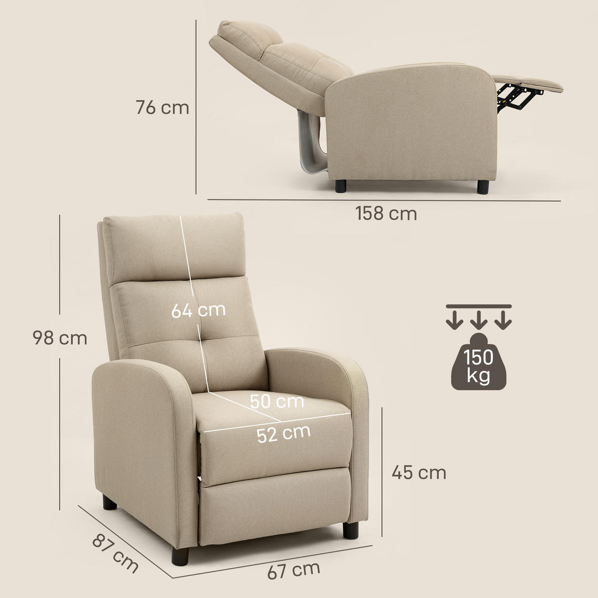 RELAXSESSEL,LIEGEFUNKTION ausfahrbares Fußteil Taschenfederkern,beige - Beige, Textil (67/98/87cm) - Vallsero